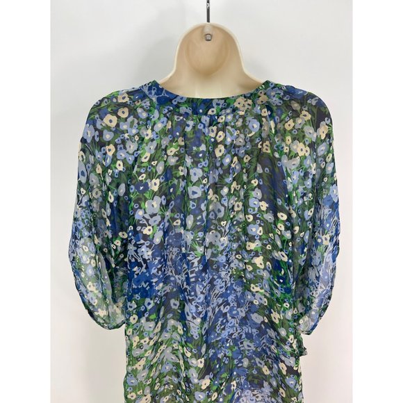 ANTHROPOLOGIE Fei Women’s Size 2 Silk Blue Floral Elbow Sleeve Blouse - Picture 4 of 6